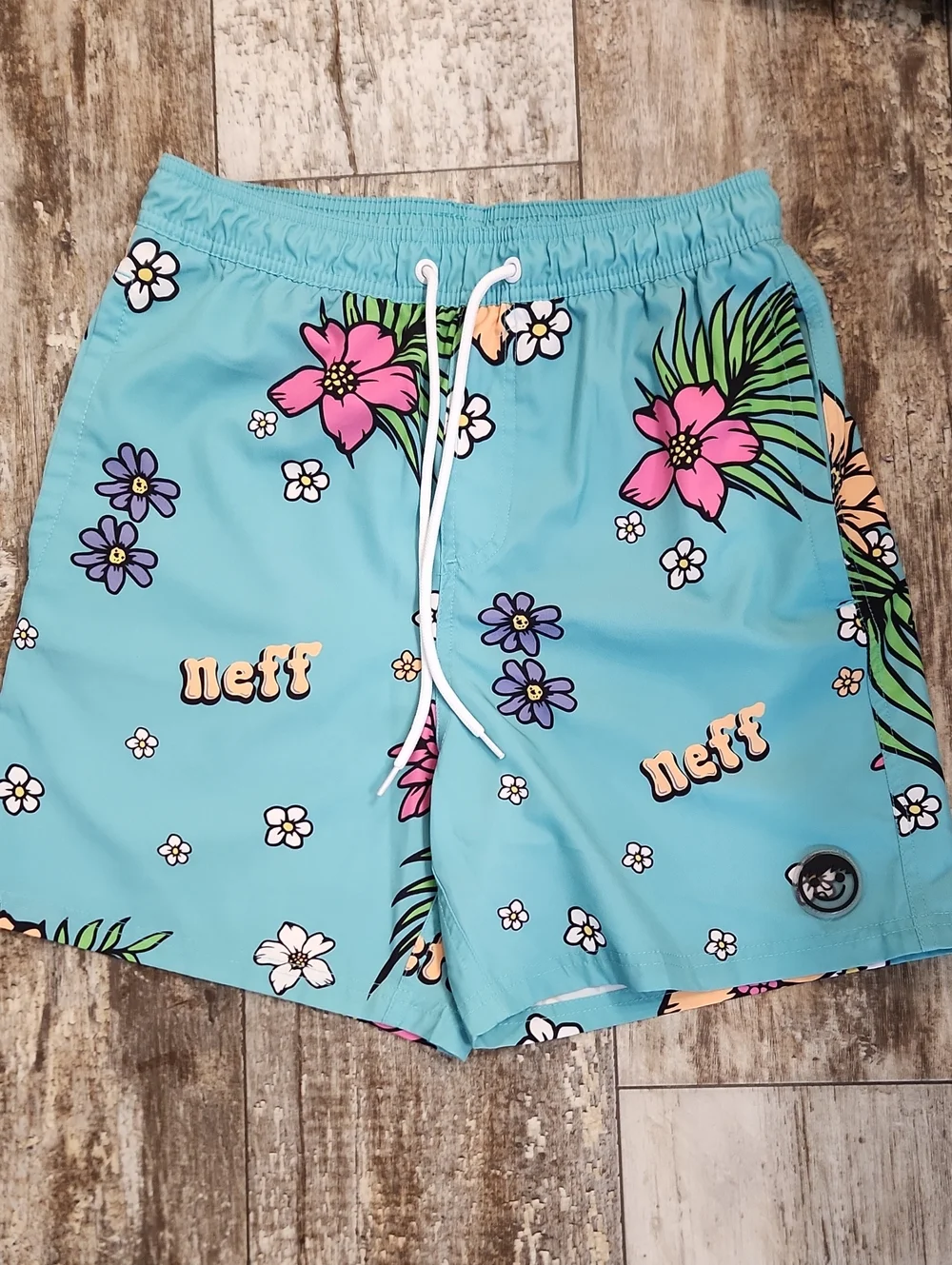 Neff Aqua Floral Swim Shorts with Pink & Purple Blooms